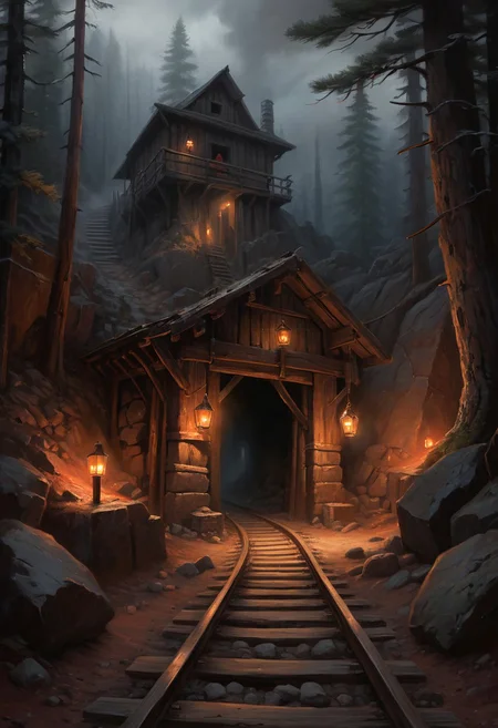 oil painting, fantasy, rpg, mineshaft entrance, mine, long dark hallway with timbering and lanterns, rail tracks into the mine, decending deep into the earth, chrystal mines, in the pines, timbering, lanterns, tall red pine trees, dark clouds, rock, boulders, dirt, mud, (misty:1.5), creepy atmosphere, dramatic light, (darkness:2.5), 34K uhd, masterpiece, high detail, 8k, intricate, detailed, high resolution, high res, high quality, highly detailed, Extremely high-resolution details, fine texture, darkness