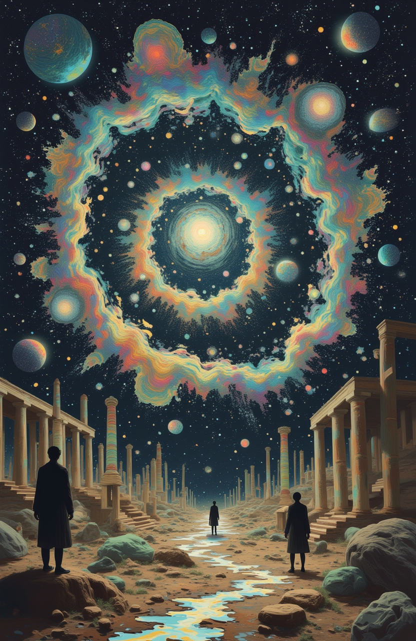 psycho_4rt: A surreal depiction of a vast galaxy spiraling in infinite space, filled with floating celestial bodies, fragments of ancient ruins, and faint outlines of unknown figures intertwined with the stars.