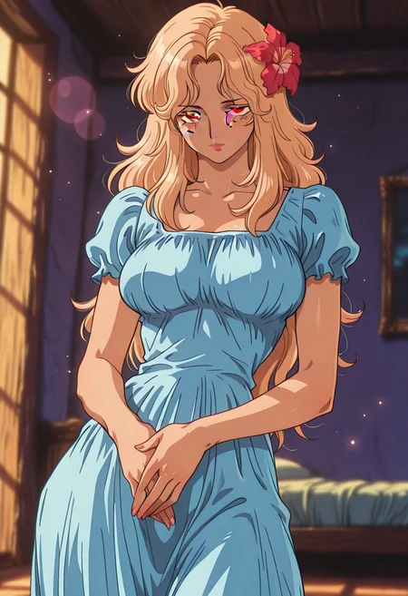 PortgasDRougeOP, 1 girl, solo, long hair, wavy hair, pink-blonde hair, flower, hair flower, brown eyes, lips, large breast, dress, long dress, short sleeves, freckles, puffy sleeves, hibiscus, sandals, light blue dress,
,seductive pose, sexy pose, tease,
masterpiece, best quality, fine details, intricate details, depth of field, subsurface scattering, bokeh,
ultra-detailed, very aesthetic, detailed background, newest, scenery, highres, absurdres, colorful, vibrant, glowing, perfect face, 2d, perfect eyes, vibrant saturated colors, volumetric lighting, sharp, detailed eyes, perfect anatomy, perfect face, perfect eyes, mature body, clear eyes, beautiful eyes, athletic, curvy body, athletic girl, perky tits, perfect tits, round breasts, pinup pose, teasing, lustful expression, perfect hands,
muscular female, dutch angle,
armpit peek, half-closed eyes, sleepy, bedroom,
,Smooth Negative, Smooth_Quality,
90s_anime_aesthetic, 1990s (style), retro, retro artstyle,dark_fantasy_style, dark fantasy, retro,