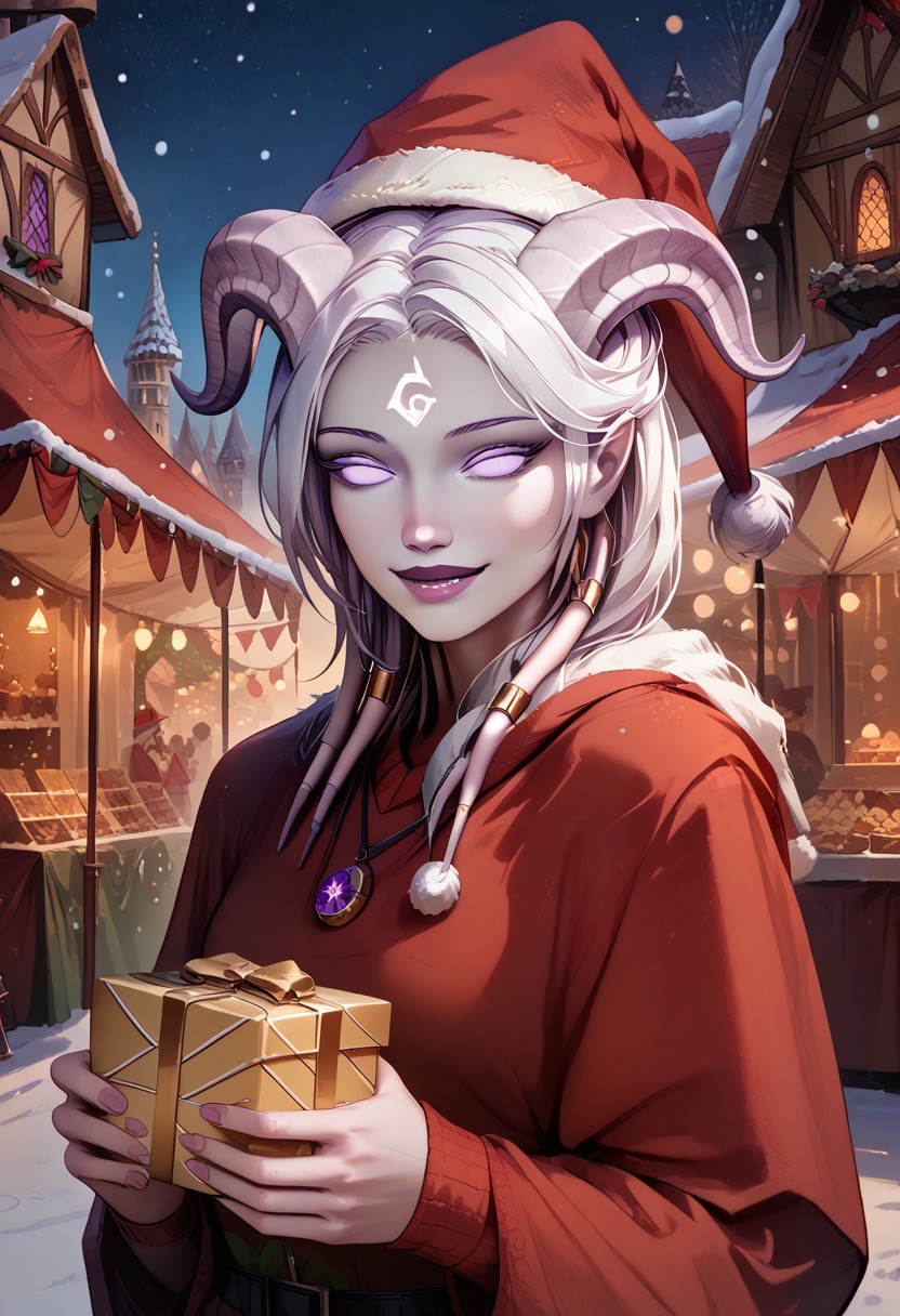 (absurdres, best quality, masterpiece:1.4), score_9, score_8_up, score_7_up, score_6_up, detailed, detailed body, detailed face, 
culDraenei, purple eyes, no sclera, no pupils, long ears,
Santa_Dress, Santa Hat, 
upper body, soft smile, holding a present, 
outdoors, fantasy market background, market stalls, food, snow, sunshine