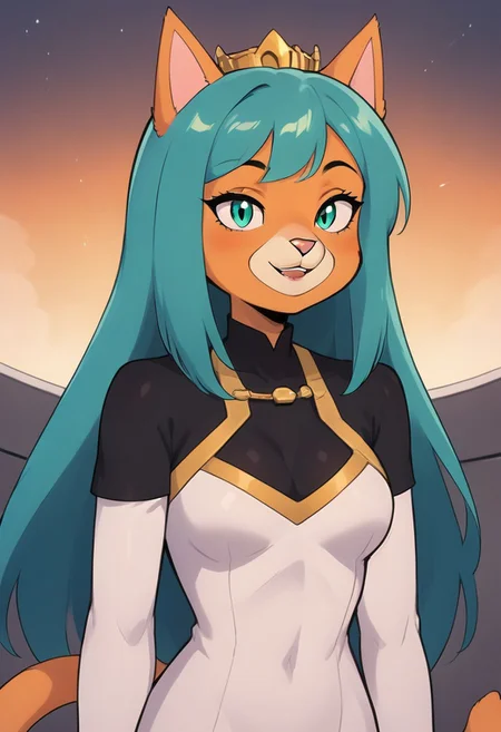 (1girl orange body, long hair, orange fur, cat girl, cat ears, cat anthro, Cyan-Turquoise hair) elegant female, space ship