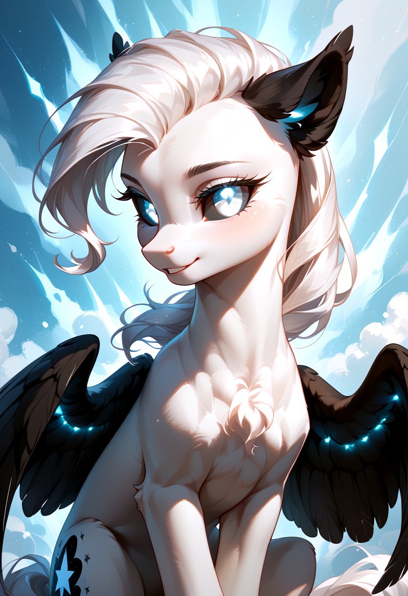 score_9, score_8_up, score_7_up, score_pony, zPDXL3, Albina, black sclera, black wings, black ears, glowing white eyes, white hair,