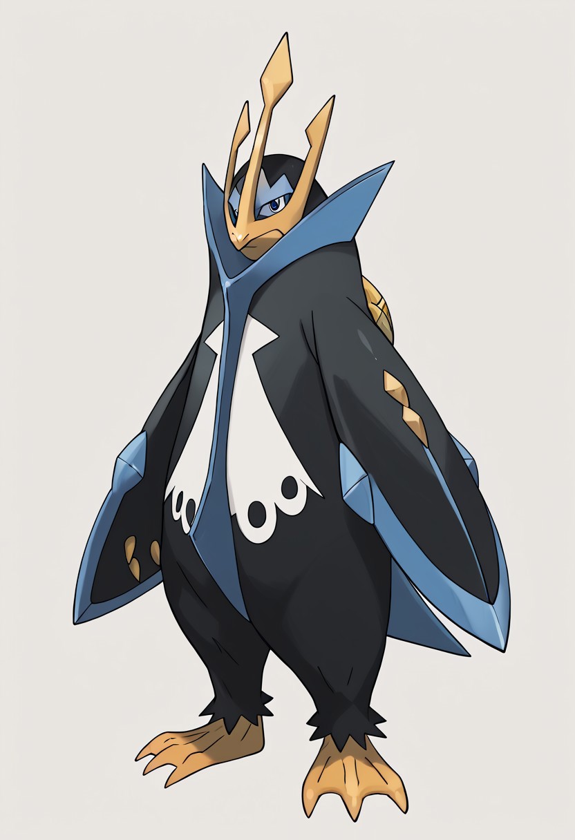 (score_9, score_8, score_7), masterwork, masterpiece, best quality, emperor01, large penguin, dark navy blue body with light blue accents, sharp yellow beak, golden trident-shaped crest on head, wide flipper-like arms with blue blade edges, white chest with six black circular markings in two rows, yellow webbed feet with claws, short pointed tail,PokeStyleMix