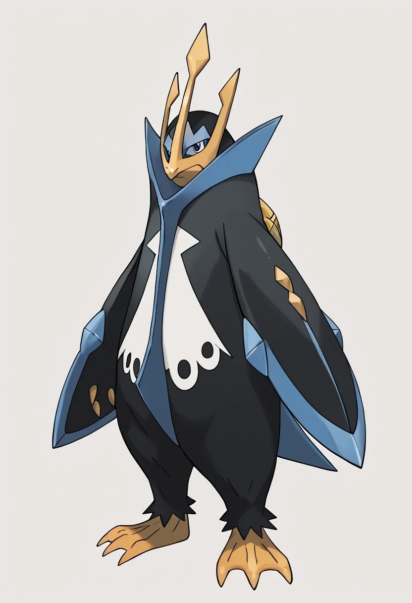 (score_9, score_8, score_7), masterwork, masterpiece, best quality, emperor01, large penguin, dark navy blue body with light blue accents, sharp yellow beak, golden trident-shaped crest on head, wide flipper-like arms with blue blade edges, white chest with six black circular markings in two rows, yellow webbed feet with claws, short pointed tail,PokeStyleMix