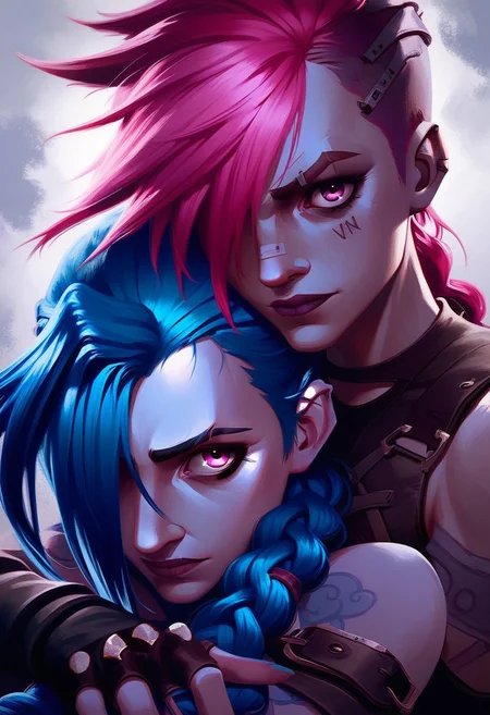 score_9, score_8_up, score_7_up, score_6_up, ARKN2, Detailed drawing, ARKN2, multiple girls, 2girls, pink eyes, bangs, pink hair, gloves, long hair, sisters, blue hair, braid, closed mouth, looking at viewer, red hair, fingerless gloves, hair over one eye, portrait, yuri, siblings, jinx, vi