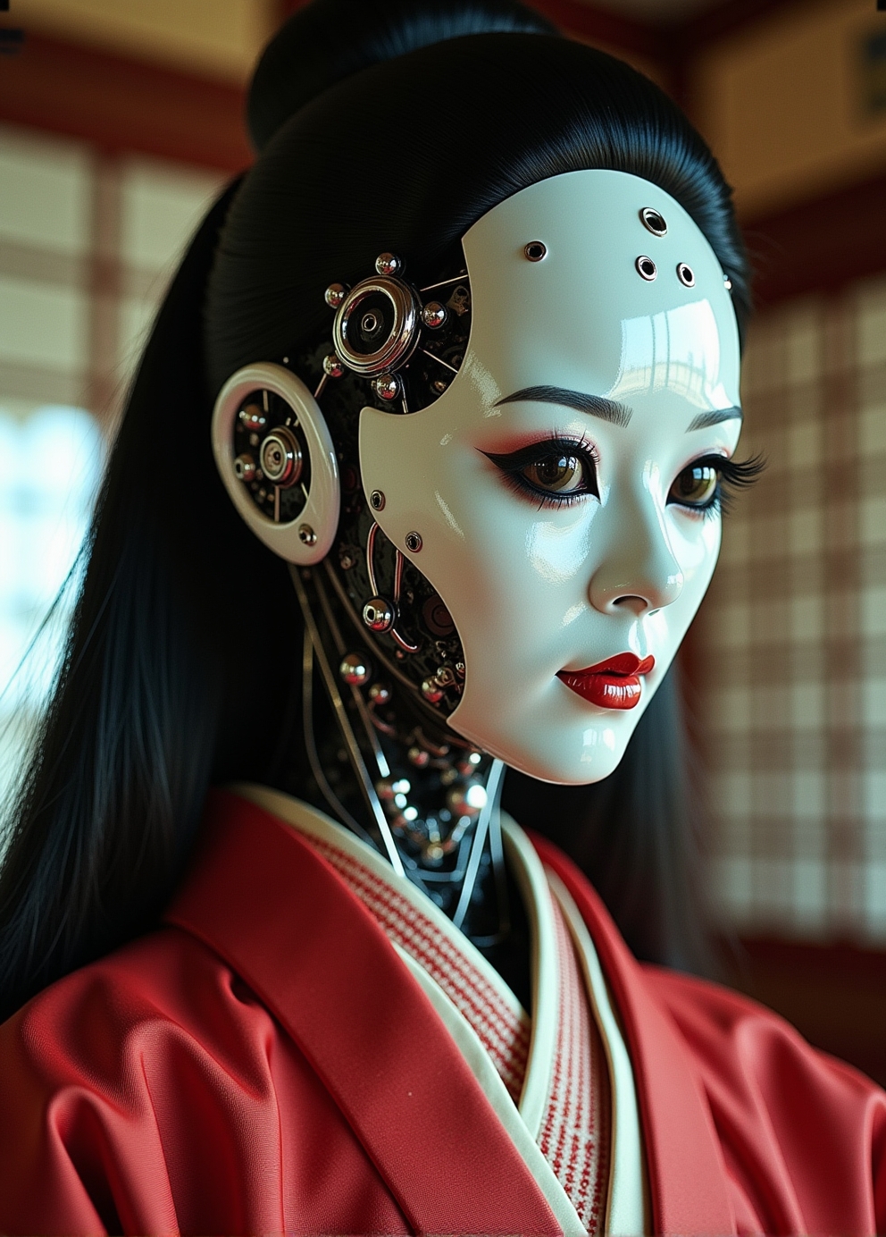 <lora:ck-Neurocore-Realistic-Cyborgs:1> woman Geisha is an android, the plastic cyborg mask is open, the mechanical parts of the robot are visible inside, the android is very sinister and dangerous, from the epic movie Ghost in Armor, erie japanese teahouse background, (style by George Shaw), shallow depth of field, vignette, (Fujicolor Superia X-TRA 400),