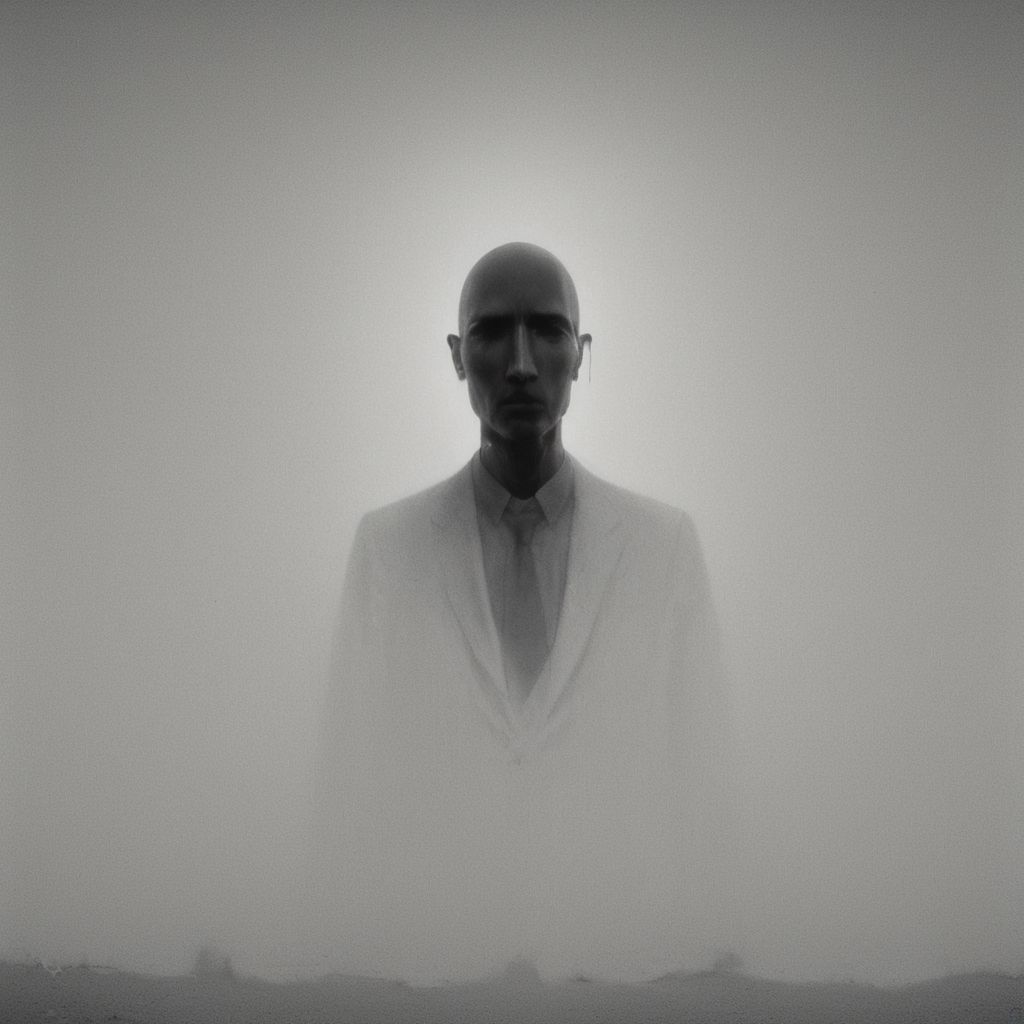 A hollow body, emerging from the neck a soul of light, the one that replaces what was once the man inside the suit and tie: and it hasn't. Nothing can replace it, yet the corporate logos, the Pepsi, the Coke, the Nintendos and so on speak through its neck and somewhere in the static, like an enigmatic face pressed against a saran wrap wall, it screams. And you see it there, late at night in the mirror: he is alive in there in the screaming thing that wakes into television and presses into its pillow like death like death like all that has wept and long gone down into the grave of night, the one that never sleeps now, and besides, the light stays on in the daytime too