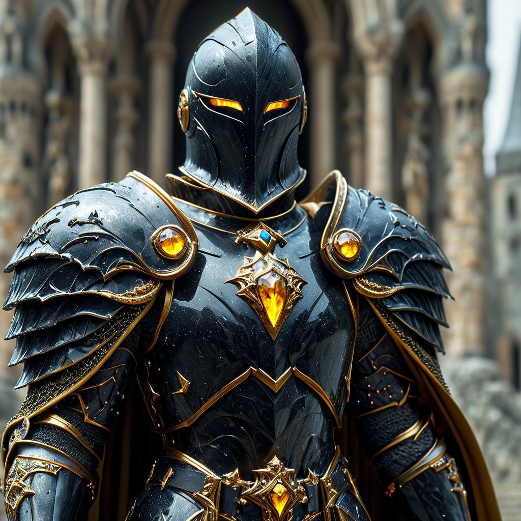 Close up shot of a beautiful knight, wearing ObsidianCitrine armor and cape, holding glowing sword infront of him, standing up, castle in background, HKStyle, HD, masterpiece, best quality, hyper detailed, ultra detailed, super realistic
