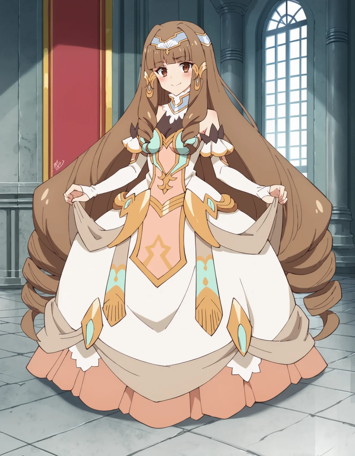 score_9, score_8_up, score_7_up, score_6_up, score_5_up, score_4_up, anime coloring
BREAK
elizabeth_olis, 1girl, solo, brown hair, drill sidelocks, very long hair, brown eyes, gown, circlet, hair tubes, high collar, see-through cleavage, elbow gloves, looking at viewer, blush, smile, full body, standing, skirt hold
BREAK
throne room, throne, column, window, day, blue sky
<lora:elizabeth_Lv2karaCheat_ponyxl_v01:1>