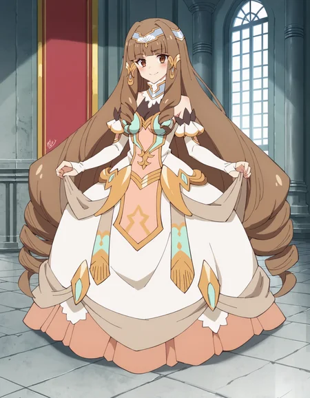 score_9, score_8_up, score_7_up, score_6_up, score_5_up, score_4_up, anime coloring
BREAK
elizabeth_olis, 1girl, solo, brown hair, drill sidelocks, very long hair, brown eyes, gown, circlet, hair tubes, high collar, see-through cleavage, elbow gloves, looking at viewer, blush, smile, full body, standing, skirt hold
BREAK
throne room, throne, column, window, day, blue sky
<lora:elizabeth_Lv2karaCheat_ponyxl_v01:1>