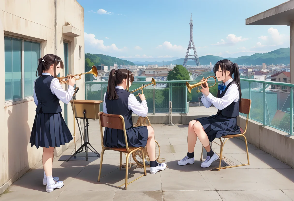 score_9, score_8_up, score_7_up, rating_safe, masterpiece, best quality, absurdres, unity 8k wallpaper, official art, official style, source_anime, uncensored, game cg, megami magazine,
okujyou, multiple girls, black hair, skirt, instrument, 4girls, ponytail, school uniform, outdoors, sitting, black skirt, shoes, vest, day, scenery, shadow, sneakers, chair, long hair, shirt, sky, white shirt, playing instrument, trumpet, horn, trombone, music, long sleeves, standing, white footwear, short hair, long skirt, brown hair, cityscape, pleated skirt, socks, building, fence, holding, black vest, rooftop, computer, from behind
<lora:gakkou_okujyo_PONY_V1:1>