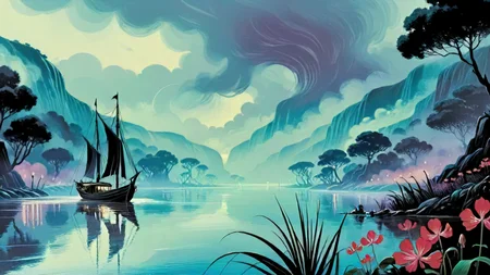 lovecraftian fantasy, D&D, anime key visual, landscape of a (wide river used by keelboats:1.3) , vegetation with Geranium, Foggy, Neoclassical painting, futuristic technology, [stylized by Tyler Edlin, Ed Mell::11], painterly, science fiction, <lora:DonMD4rkT00nXL:1> DonMD4rkT00nXL, aesthetic, ambient background, contemporary fine detail, creative