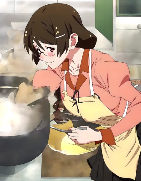 <lora:pony_xl_hanekawa>,hanekawa,score_9,source_anime,best quality,masterpiece,super fine illustration,1girl,solo,looking_at_viewer,cowboy_shot,ribbon,yellow apron,naoetsu_high_school_uniform,school uniform,long sleeves,puffy long sleeves,pink shirt,black skirt,juliet skirt,pleated skirt,collarbone,smile,a laugh,embarrass,light_blush,kitchen,cooking,looking_back,