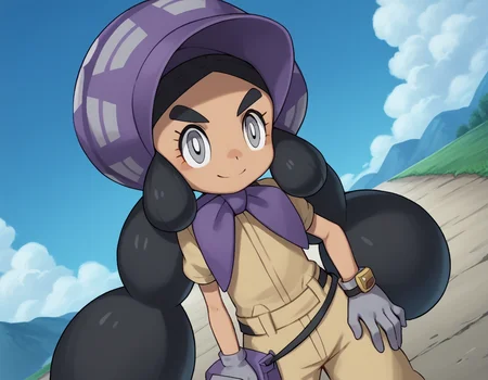 score_9, score_8_up, score_7_up, source_anime,
pokemonhapu, <lora:pokemon-hapu-ponyxl-lora-nochekaiser:1>,
hapu, long hair, black hair, twintails, dark skin, dark-skinned female, grey eyes, thick eyebrows, bright pupils, white pupils,
gloves, short sleeves, belt, black belt, purple headwear, bonnet, grey gloves, jumpsuit,
outdoors, landscape, bent over, smile,
looking at viewer, solo, cowboy shot, dutch angle,