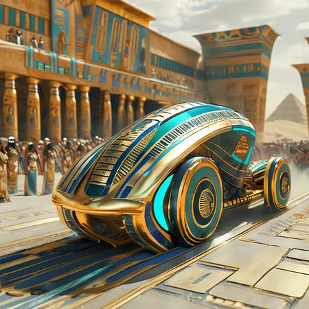 pharaotech an electric chariot race, dynamically and expressively observed by a crowd of people<lora:pharaotech:1>