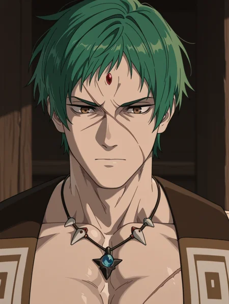ace focus, close up, full face, masterpiece, best quality, amazing quality, Ruijerd Superdia, necklace, muscular, scar on face, green hair, closed mouth, abs