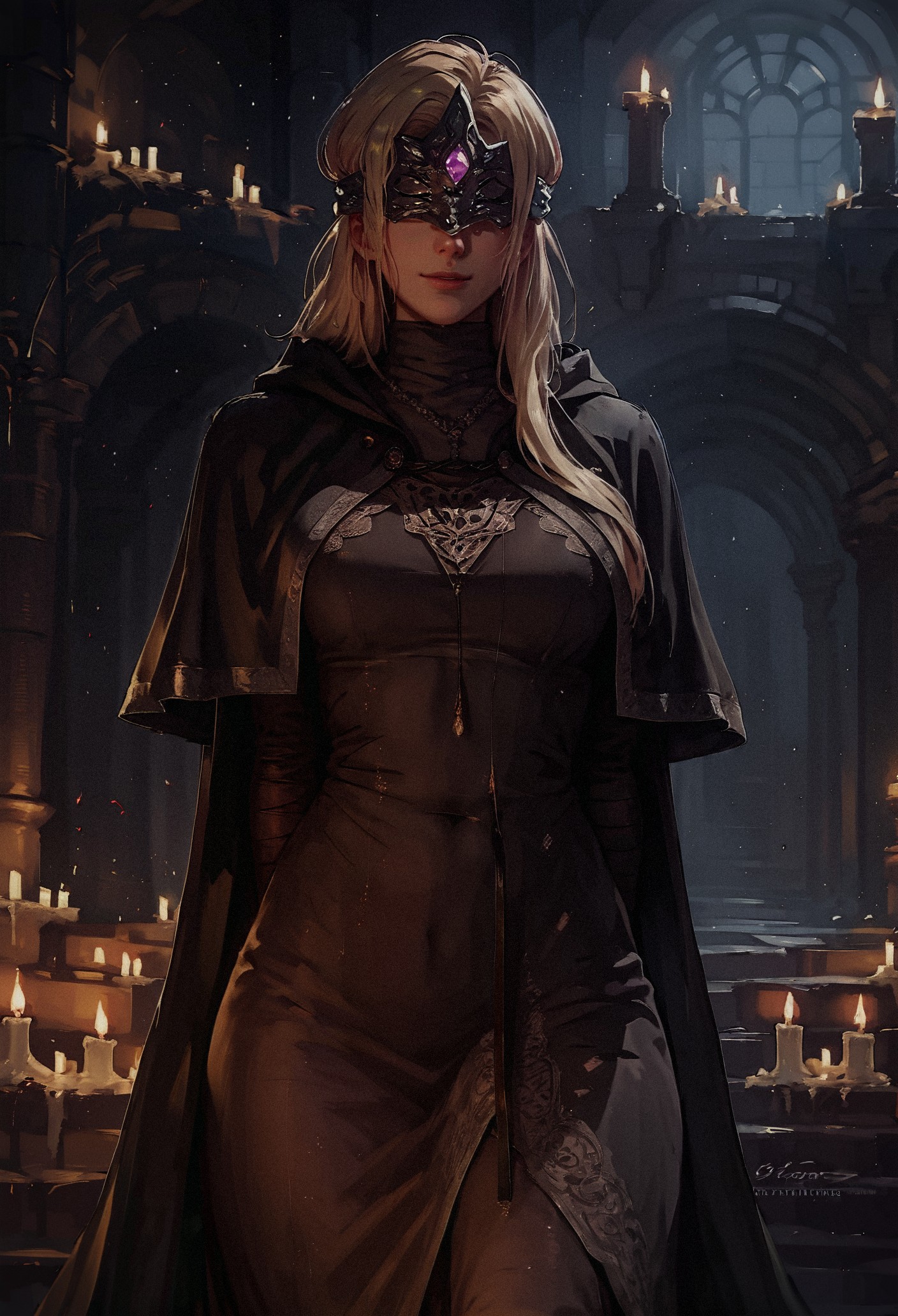 score_9, score_8_up, score_7_up,  1girl, solo, firekeeper, mask, blonde hair, black dress, capelet, hands behind back, looking at viewer, smiling, kind smile, candle, castel, night, curvy, tear-drop breast, perfect body, long dress,    <lora:sinfully_stylish_SDXL> <lora:Expressive_H-000001:0.6> Expressiveh <lora:Firekeeper_Dark_souls_3:0.7> <lora:Concept Art Twilight Style SDXL_LoRA_Pony Diffusion V6 XL:0.6>