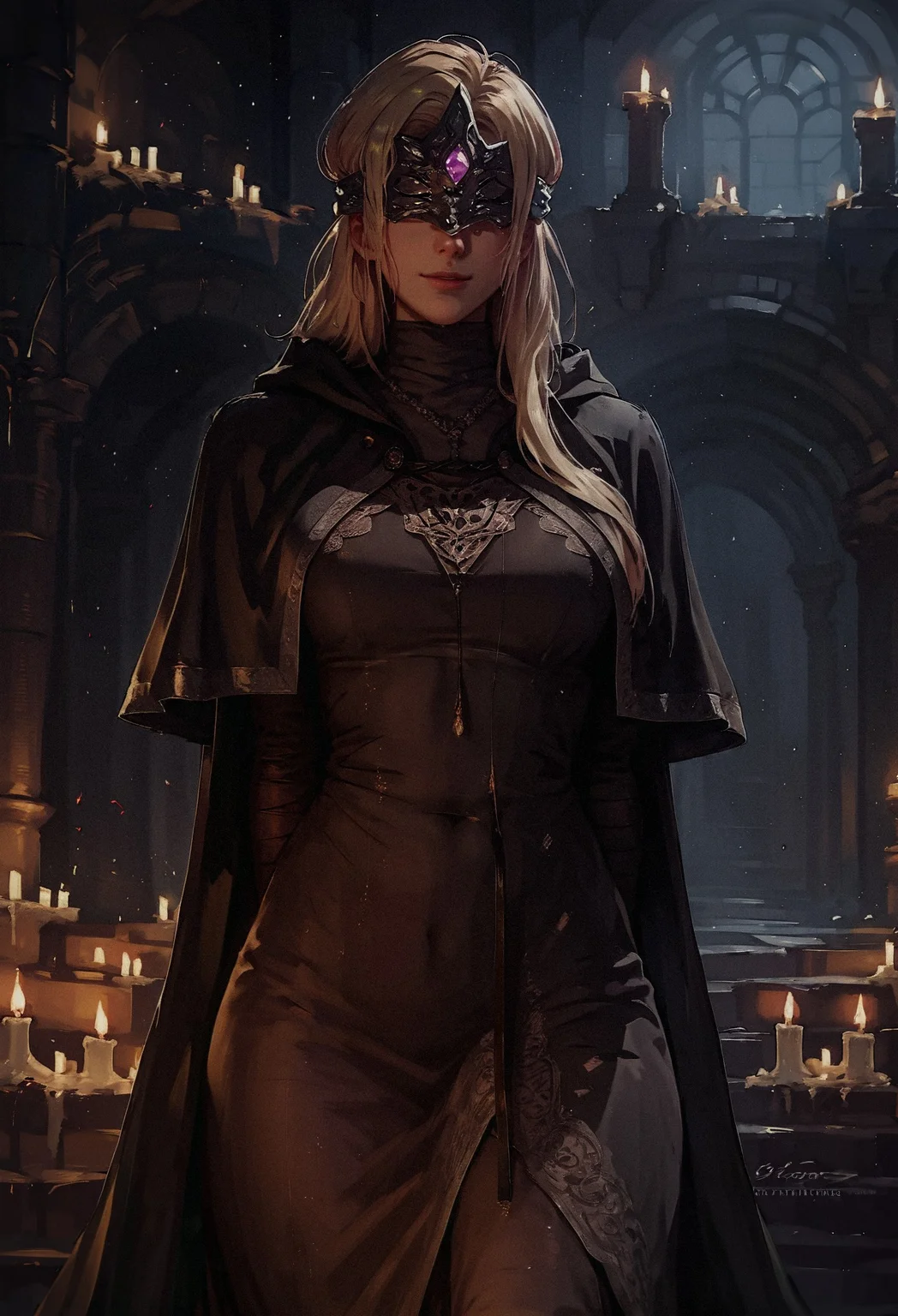 score_9, score_8_up, score_7_up, 1girl, solo, firekeeper, mask, blonde hair, black dress, capelet, hands behind back, looking at viewer, smiling, kind smile, candle, castel, night, curvy, tear-drop breast, perfect body, long dress, <lora:sinfully_stylish_SDXL> <lora:Expressive_H-000001:0.6> Expressiveh <lora:Firekeeper_Dark_souls_3:0.7> <lora:Concept Art Twilight Style SDXL_LoRA_Pony Diffusion V6 XL:0.6>