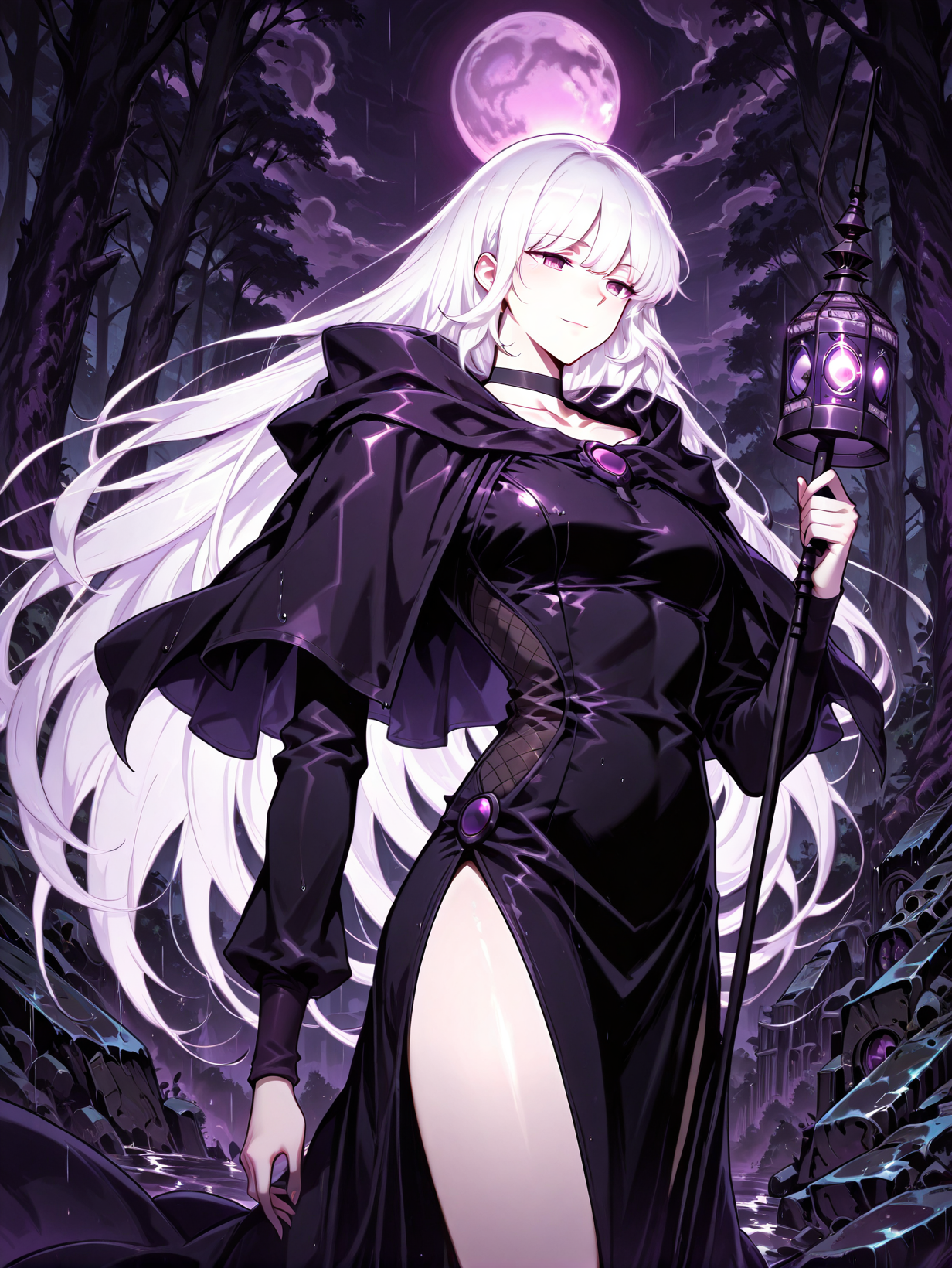 <lora:Pleu__The_Knight_King_Who_Returned_with_a_God__Illustrious:1>
1 girl, solo, purple eyes, long hair, white hair, bangs, 
black dress, long dress, barefoot, black choker, long sleeves, capelet, jewelry, hood, collarbone, side slit, 
score_9, score_8_up, score_7_up, very aesthetic, source_anime, detailed, high quality, beautiful, masterpiece, detailed eyes, forest, tree, ruins, cowboy shot, dynamic angle, upper body, light smile, dynamic pose, rain, night, purple moon, holding staff,  holding lantern, <lora:iLLMythG0thicL1nes:1>