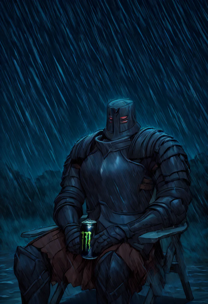 masterpiece, best quality, newest, absurdres, highres, outdoors, night, ambiguous gender, solo, dsbit, black helmet, black armor, black breastplate, black Pauldrons, black Cuirass, black Gauntlets, tunic under armor, black Greaves, monster energy, holding can, sitting, plastic chair, storm, rain <lora:Black_Iron_Tarkus_Illustrious-000009:1>