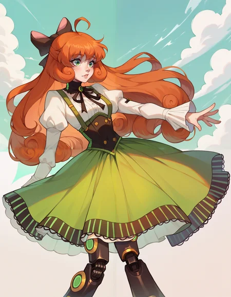 score_9, score_8_up, score_7_up, 1girl, solo, Penny Polendina, long hair, neck ribbon, suspender skirt, corset, black bow, white blouse, mechanical legs, neon trim, <lora:PennyPolendinaPDXL:1>
