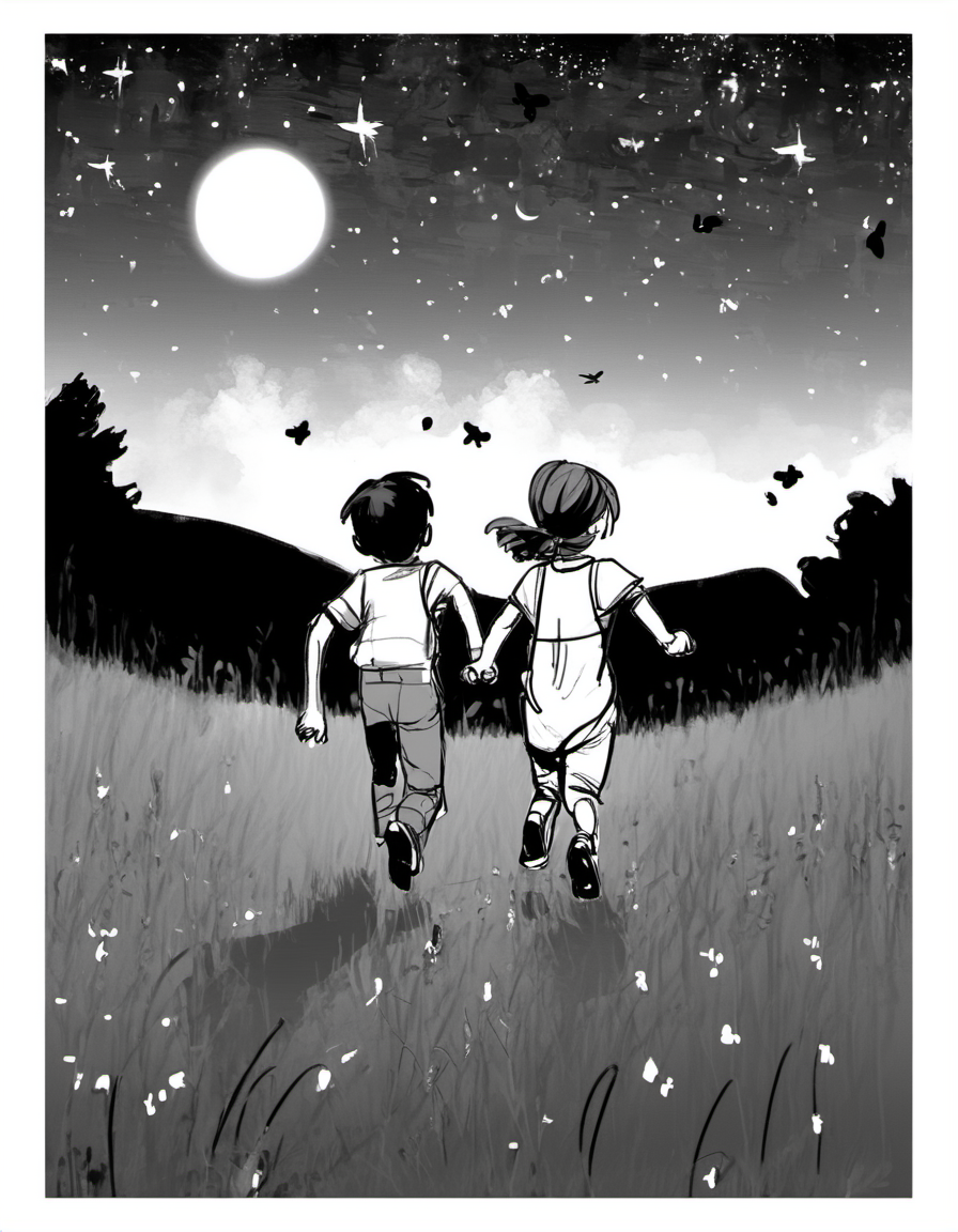 Two kids, chasing fireflies, in a meadow under a starry night. <lora:Storyboard_sketch:0.85>