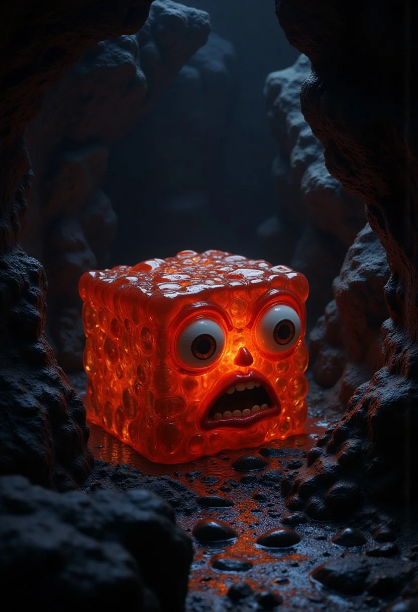 the enormous cute gelatine ooze cube with the surprised eyes in the dungeons, dim light, pixar art, detailed, intricate details, 8k, best quality, hdr, masterpiece, aidmamjv7