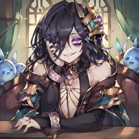 score_9, score_8_up, score_7_up, score_6_up, score_5_up, source anime, solo, 1girl, (lich \(granblue_fantasy\)), bags under eyes, hair over one eye, purple eye, (upper body), standing, sharp teeth, smile, breasts, looking at viewer, realistic background, lounge, indoors, thin arms, narrow shoulders, petite, long hair, black hair , long hair, hair ornament, <lora:655-10:0.8> <lora:Smooth Anime 2 Style SDXL_LoRA_PonyXL Diffusion V6 XL:0.7>