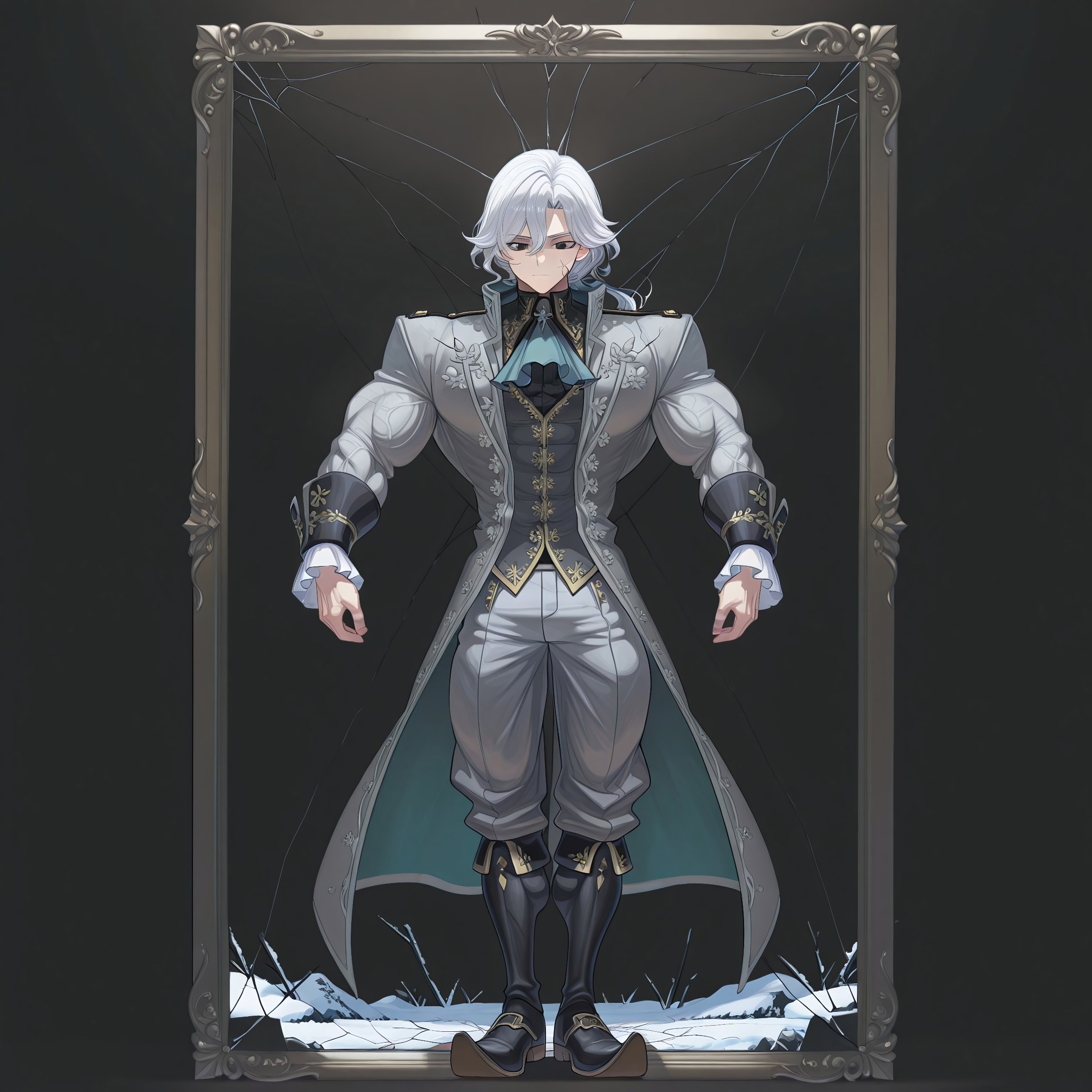 safe_pos, safe_pos, score_9, score_8_up, score_7_up, score_6_up, score_5_up, score_4_up, high quality, (handsome), (detailed eyes), (detailed face), full body, ((perfect face)), master piece, best high quality, ultra details, intricate details, male focus, detailed body, detailed background, perfect anatomy, masterpiece, high quality, best quality, amazing quality, very aesthetic,, absurdres, ((husk form)), shattered photo frame, IDV_Joseph standing in the snow, dark atmosphere, (((cracked face))), black eyes, long white hair, gray coat, Hyper muscles, veiny muscles,  shredded muscles, extreme muscles