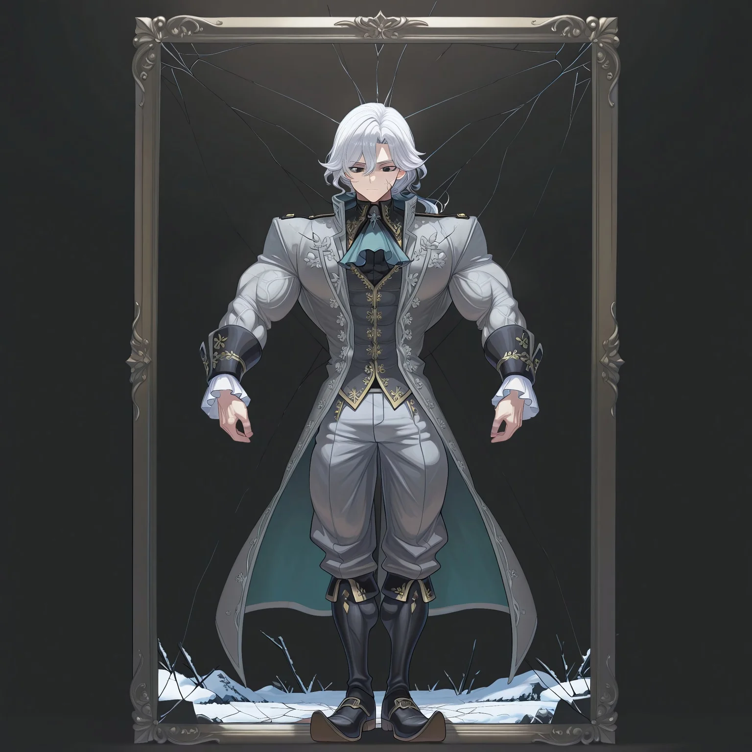safe_pos, safe_pos, score_9, score_8_up, score_7_up, score_6_up, score_5_up, score_4_up, high quality, (handsome), (detailed eyes), (detailed face), full body, ((perfect face)), master piece, best high quality, ultra details, intricate details, male focus, detailed body, detailed background, perfect anatomy, masterpiece, high quality, best quality, amazing quality, very aesthetic,, absurdres, ((husk form)), shattered photo frame, IDV_Joseph standing in the snow, dark atmosphere, (((cracked face))), black eyes, long white hair, gray coat, Hyper muscles, veiny muscles,  shredded muscles, extreme muscles