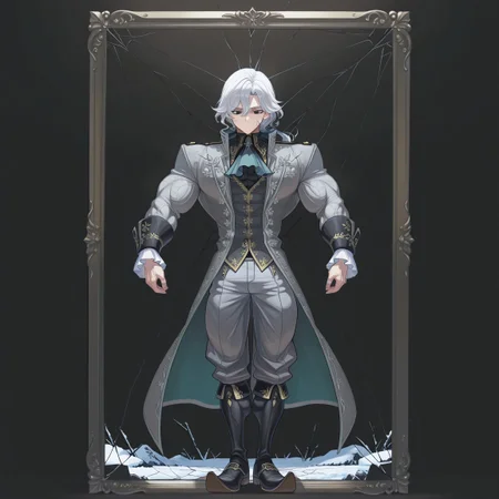 safe_pos, safe_pos, score_9, score_8_up, score_7_up, score_6_up, score_5_up, score_4_up, high quality, (handsome), (detailed eyes), (detailed face), full body, ((perfect face)), master piece, best high quality, ultra details, intricate details, male focus, detailed body, detailed background, perfect anatomy, masterpiece, high quality, best quality, amazing quality, very aesthetic,, absurdres, ((husk form)), shattered photo frame, IDV_Joseph standing in the snow, dark atmosphere, (((cracked face))), black eyes, long white hair, gray coat, Hyper muscles, veiny muscles,  shredded muscles, extreme muscles