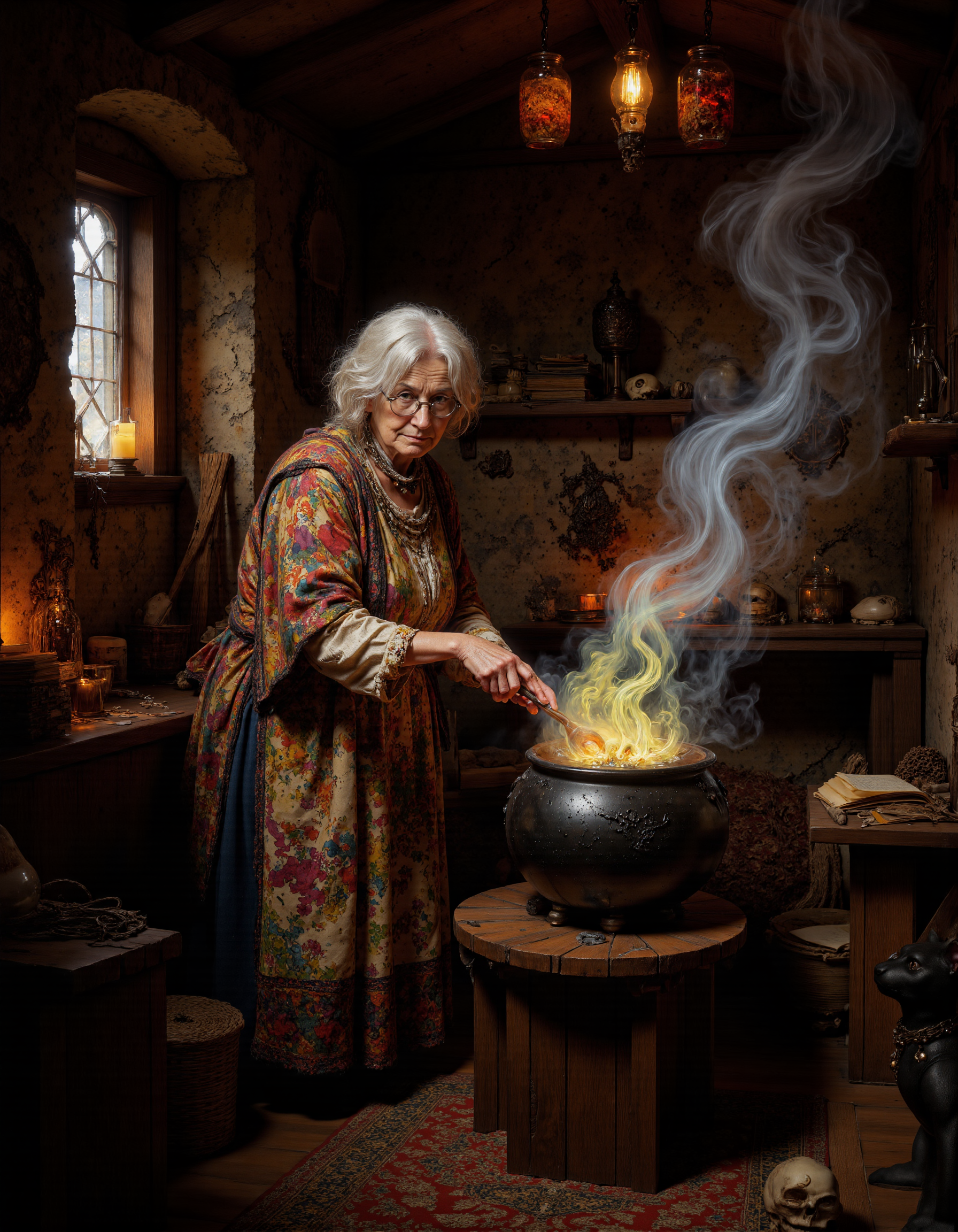 full body shot of Rembrandt style <lora:antr:1>,A comical, quirky old witch in a whimsical, cozy medieval hut filled with bubbling potions, magical artifacts, and peculiar ingredients hanging from the ceiling. The elderly woman has exaggerated featuresâwild frizzy hair, oversized glasses, and a crooked noseâand wears a patched-up shawl and apron covered in soot and potion spills. Sheâs stirring a cauldron that emits colorful, chaotic smoke, while her mischievous black cat watches nearby, knocking over strange jars. The atmosphere is lighthearted and humorous, with glowing firelight illuminating the room, revealing oddities like skulls, books of spells, and enchanted brooms leaning against the walls . Baroque, chiaroscuro, realistic, emotional, "flat lighting. Whole outfit, clear, sharp, balanced