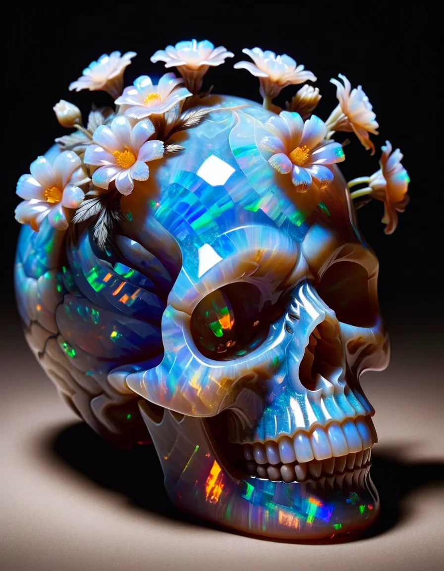 A macabre still life of ral-opal flowers arranged in a crystal skull, <lora:ral-opal-sdxl:1> ral-opal