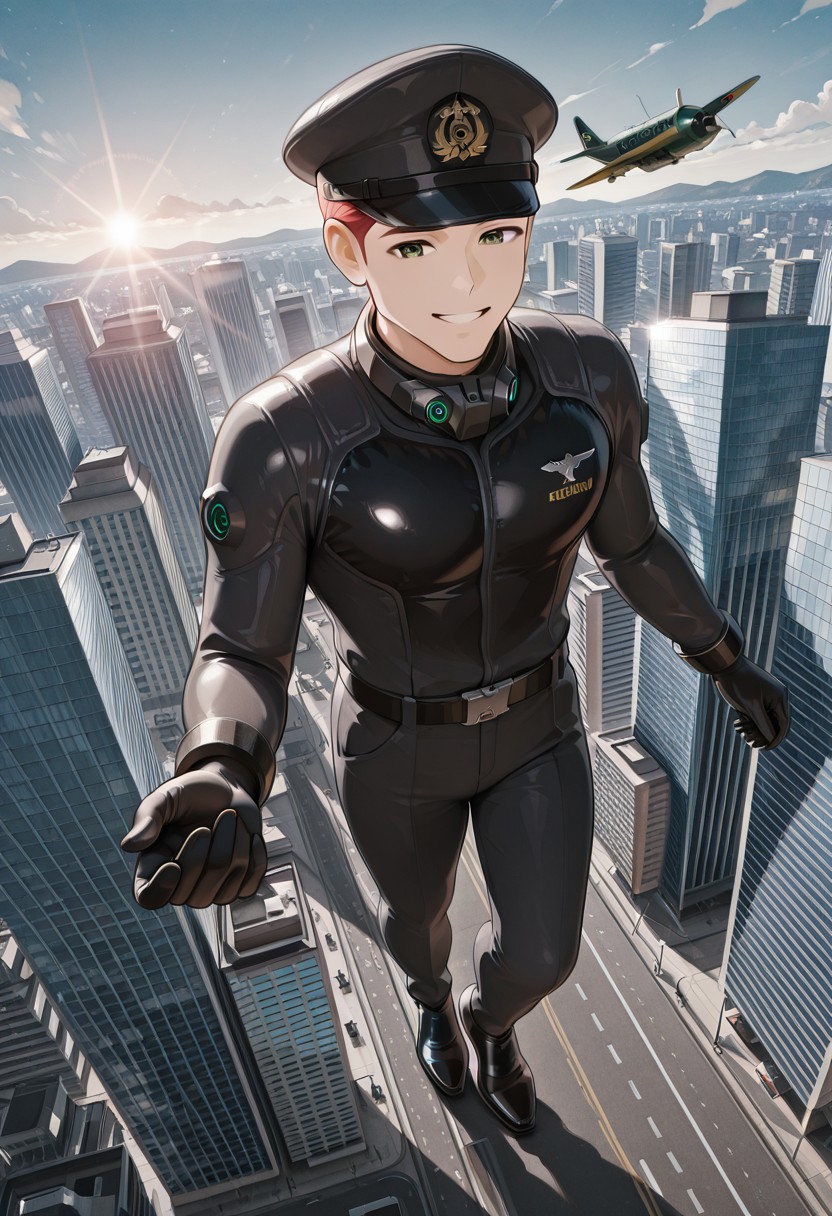 (masterpiece, best quality, very awa), dynamic, cinematic, BREAK, giant, giant male, adult face, 1giant, male focus,
BREAK, <giant male: black pilot suit, formal wear, suit, pilot hat, pilot shoes, standing, giant grabbing small model commercial airplane, hand gripping flying model commercial airplane body, hand holding model airplane body, smile,>, city background, city, buildings, downtown surroundings, busy downtown city, ground vehicles, cinematic sunlight, 
BREAK, from front, full body, full view, zoomed in, from above,