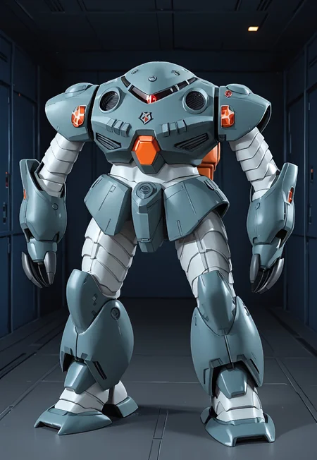 score_9, score_8_up, score_7_up, source_anime, cowboy shot, front view, BREAK, ( zgok_experiment, monoeye not visible, zeon symbol on chest, standing, arms by sides, ballast tank backpack, ) 1mech, mech focus, solo, BREAK, hangar, spotlights,