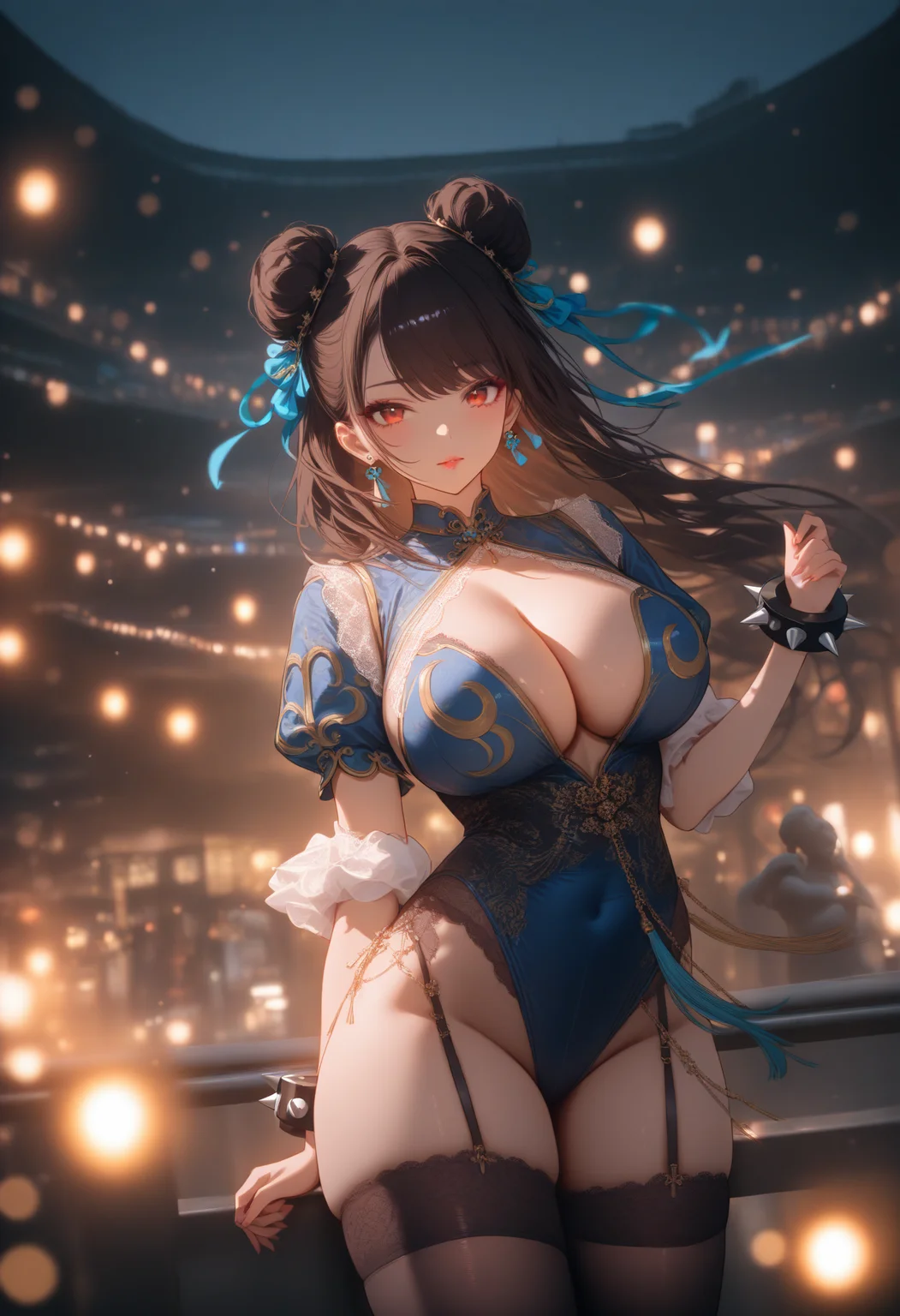 1girl,  1girl,alternate costume,blurry,blurry background,blurry foreground,bokeh,breasts,building,chain,chinese clothes,chun-li,city,city lights,cleavage,depth of field,double bun,earrings,garter straps,jewelry,lace,lace-trimmed legwear,lace trim,large breasts,leotard,lights,lips,looking at viewer,makeup,motion blur,photo background,puffy short sleeves,puffy sleeves,short sleeves,solo,spiked bracelet,spikes,stadium,thighhighs,sakimi chan,a statue,rococo,. ,masterpiece,high score,great score,absurdres,, <lora:Waifu Style-Du Qiong:0.25>,Du Qiong,, <lora:Dark Concept Art-000005:0.0>,dark aura,dark,