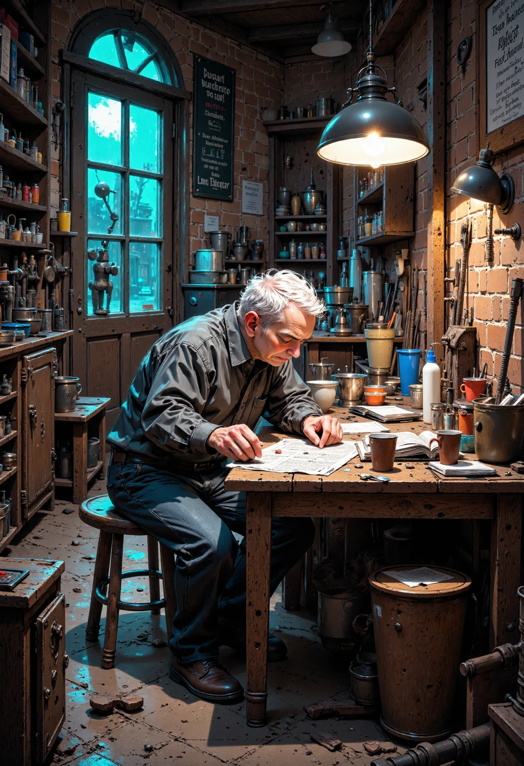 In this poignant photograph, a frail elderly man sits hunched over a wooden workbench, engrossed in a newspaper. His eyes scan the pages with a mixture of curiosity and weariness, his wispy white hair a stark contrast to the vibrant colors of the paper. His hands, gnarled and worn from years of manual labor, hold the paper with a gentle firmness. Behind him, a dimly lit shop stretches out, its walls lined with an assortment of tools and trinkets. A glass door, its surface etched with the patina of age, stands ajar, revealing a narrow aisle lined with shelves. On one side, a wooden rack displays an assortment of pipes, their colors muted by the soft blue-green light that permeates the shop. A small stool, its seat worn to a soft sheen, stands beside the rack, a few scattered coins on its surface. To the left, a small table, its surface cluttered with an assortment of tools and a few scattered papers, bears witness to the man's craft. A small, leather-bound book lies open on the table, its pages yellowed with age. A small, clear plastic bottle, its contents unclear, sits on the edge of the table, its label worn to a soft sheen. The lighting in the photograph is soft and muted, the colors of the shop and the man's clothing blending together in a subtle harmony. The style of the image is one of quiet contemplation,<lora:CustomFlux/MysticComic.safetensors:1.0:1.0>