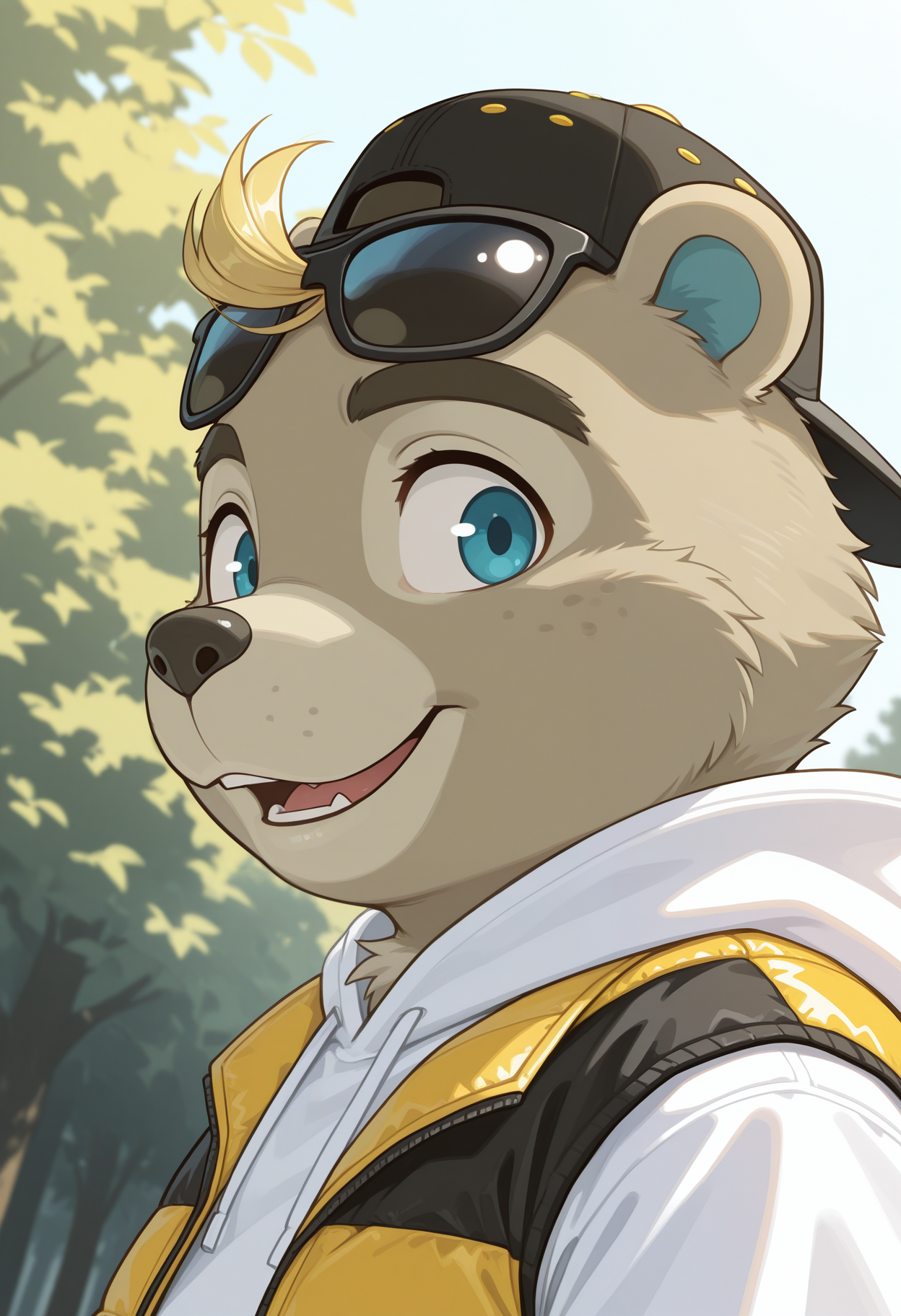 masterpiece,best quality,amazing quality, 1boy, solo, c33j4y, furry, black backwards hat, sunglasses, blue eyes, white hoodie, yellow open vest, chubby, outdoors, close up, side angle, happy,