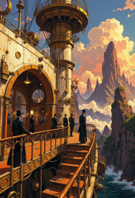 A breathtaking close up shot of the observation deck of a futuristic Art Deco-style airship, its sleek metallic hull adorned with elegant gold detailing. The ship’s observation deck is a wide, open space with intricate golden railings, elegant filigree, exuding an air of luxury and sophistication. Numerous Victorian era travelers wearing suits and elegant gowns stand by the railings looking out at the view, and mechanical gears seamlessly integrated into the design. The deck overlooks a landscape of towering rock pinnacles that rise dramatically into the sky. The towering rock pinnacles dominate the background, lit by golden sunset light, their immense, monolithic forms creating a sense of awe and wonder. Clouds are rim lit with hues of Orange and red. High detail, painterly textures, 8K resolution, atmospheric depth, concept art, mysterious and adventurous tone. DB4RZ, DB4RZ style painting, Anime art
