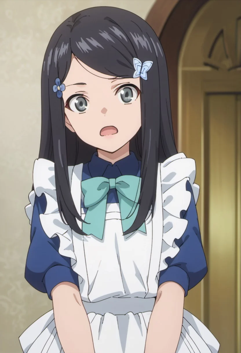 score_9, score_8_up, score_7_up, source_anime, yamano mitsuha, black hair, long hair, grey eyes, 1girl, hair ornament, open mouth, solo, hairclip, apron, bow, anime coloring, flower,  hair flower