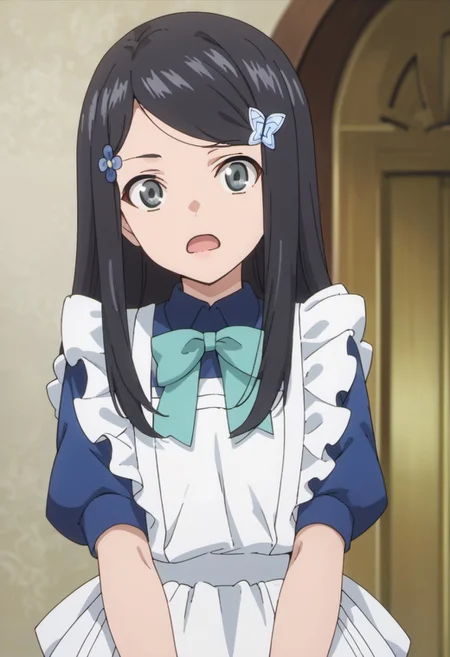 score_9, score_8_up, score_7_up, source_anime, yamano mitsuha, black hair, long hair, grey eyes, 1girl, hair ornament, open mouth, solo, hairclip, apron, bow, anime coloring, flower,  hair flower