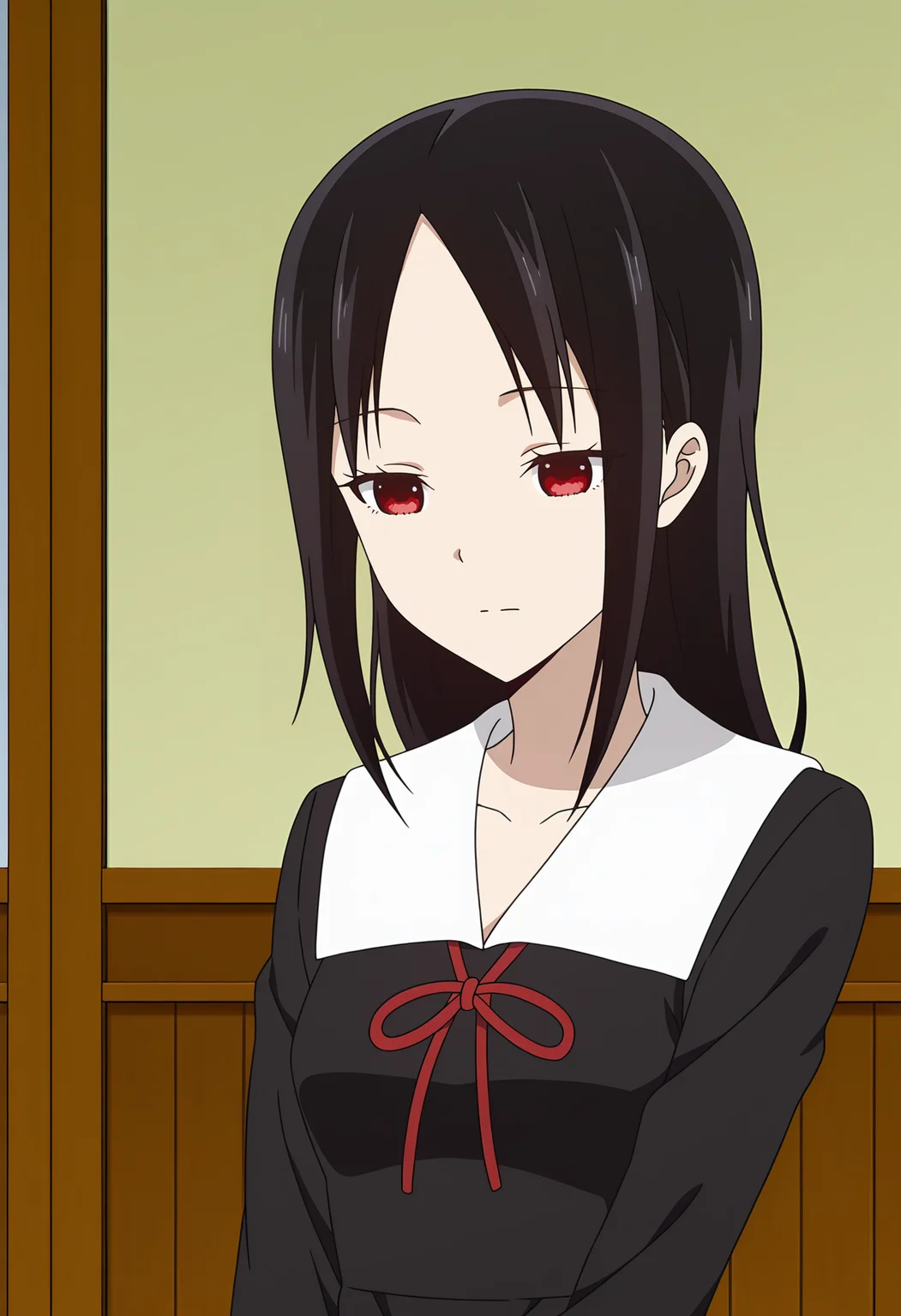 <lora:Kaguya SHINOMIYA_illustrious-000010:1>,1girl,Kaguya SHINOMIYA,
school uniform,dress,black dress,red ribbon,solo,ribbon,parted bangs,collarbone,hair down,closed mouth,neck ribbon,sidelocks,long sleeves,indoors,anime screencap,