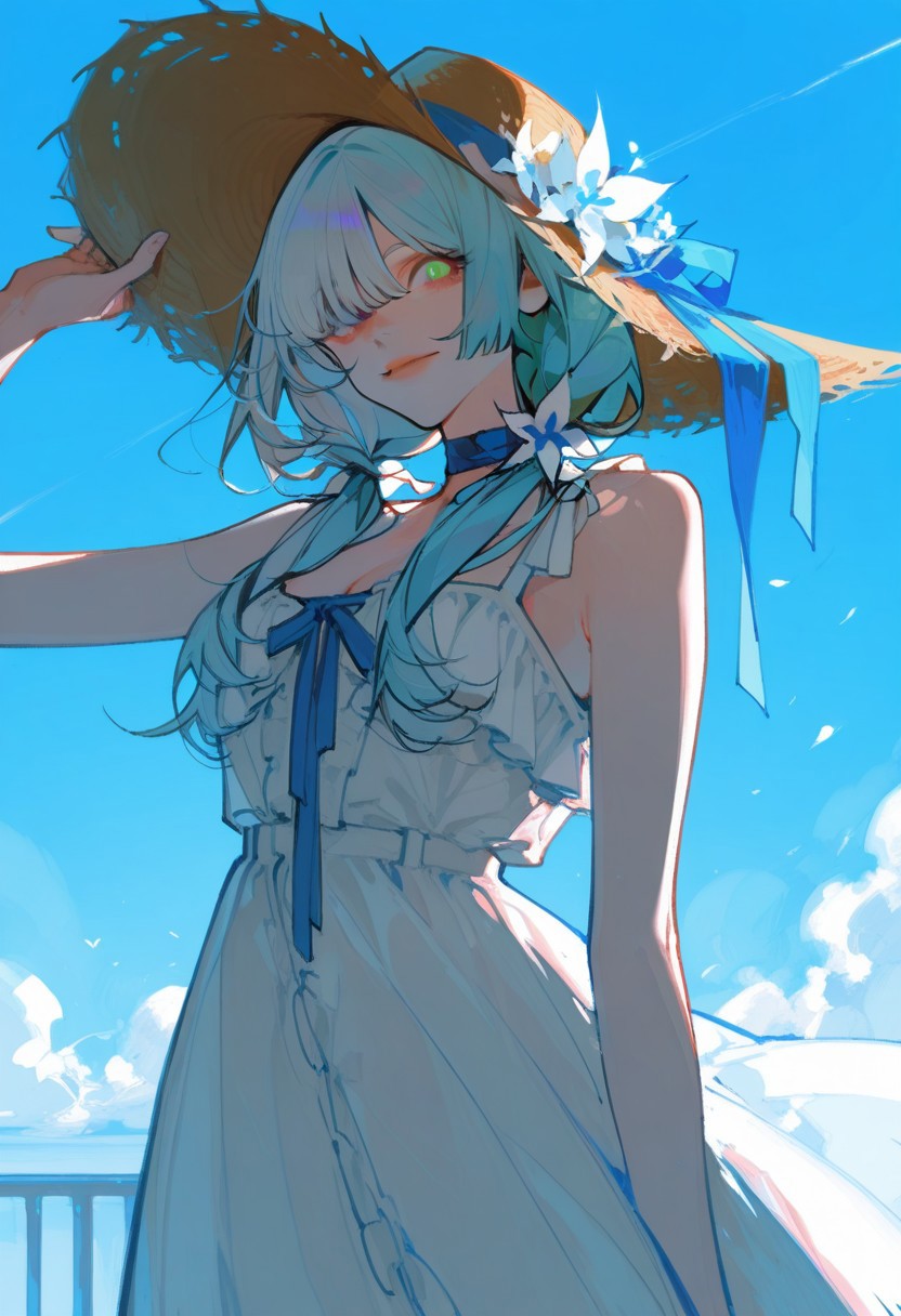 best quality, detailed face, detailed eyes, , solo, 
by kp, usnr
masterpiece,best quality,1girl,solo,long hair,looking at viewer,bangs,hat,dress,ribbon,bare shoulders,twintails,green eyes,blue hair,flower,frills,sky,white dress,blue sky,low twintails,frilled dress,blue ribbon,sun hat,one eye covered,hat flower,hand on headwear,luotianyi,(artist:quasarcake:0.6),extreme aesthetic,backlight,high quality,(Tyndall Effect 1.4),extremely detailed,High Detail,vibrant colors,anime style,cover art,(wanke:0.8),(watercolor \(tira 7:0.8),(lam (ramdayo):0.8),(mochizuki kei:0.8),extreme aesthetic,masterpiece,best quality,good quality,newest,very aesthetic,absurdres,Visual impact,32K UHD,colorful,sharp focus,,<lora:agm-artist-richy-v1_ixl:0.7>,,<lora:MoriiMee_Gothic_Niji_Style_Illustrious_r1:0.3>,artist:moriimee,<lora:USNR_STYLE_ILL_V1_lokr3:0.3>,usnr,<lora:HIKA4:0.3>,