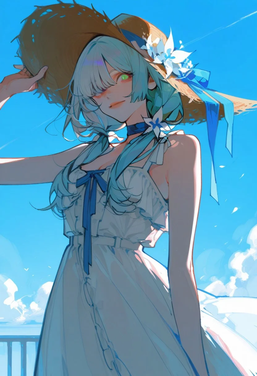 best quality, detailed face, detailed eyes, , solo, 
by kp, usnr
masterpiece,best quality,1girl,solo,long hair,looking at viewer,bangs,hat,dress,ribbon,bare shoulders,twintails,green eyes,blue hair,flower,frills,sky,white dress,blue sky,low twintails,frilled dress,blue ribbon,sun hat,one eye covered,hat flower,hand on headwear,luotianyi,(artist:quasarcake:0.6),extreme aesthetic,backlight,high quality,(Tyndall Effect 1.4),extremely detailed,High Detail,vibrant colors,anime style,cover art,(wanke:0.8),(watercolor \(tira 7:0.8),(lam (ramdayo):0.8),(mochizuki kei:0.8),extreme aesthetic,masterpiece,best quality,good quality,newest,very aesthetic,absurdres,Visual impact,32K UHD,colorful,sharp focus,,<lora:agm-artist-richy-v1_ixl:0.7>,,<lora:MoriiMee_Gothic_Niji_Style_Illustrious_r1:0.3>,artist:moriimee,<lora:USNR_STYLE_ILL_V1_lokr3:0.3>,usnr,<lora:HIKA4:0.3>,