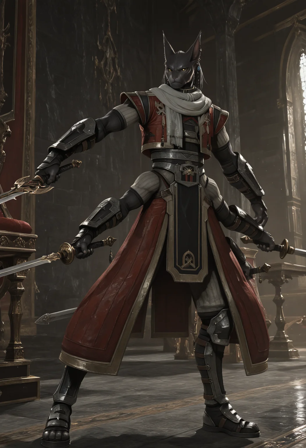 masterpiece, best quality, ultra-detailed, absurdres, TorgalLR, Four arms,1boy, solo, male focus, dark gray fur, furry male, feline, armored coat, braided hair, golden eyes, red armor, arm bracers, animal ears, white scarf, earring, serious, holding swords, full body, throne room, dynamic pose, sword <lora:Torgal_The_Last_Remnant:1> <lora:NOOB_vp1_detailer_by_volnovik_v1:1>