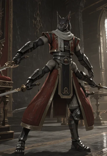 masterpiece, best quality, ultra-detailed, absurdres, TorgalLR, Four arms,1boy, solo, male focus, dark gray fur, furry male, feline, armored coat, braided hair, golden eyes, red armor, arm bracers, animal ears, white scarf, earring, serious, holding swords, full body, throne room, dynamic pose, sword <lora:Torgal_The_Last_Remnant:1>  <lora:NOOB_vp1_detailer_by_volnovik_v1:1>