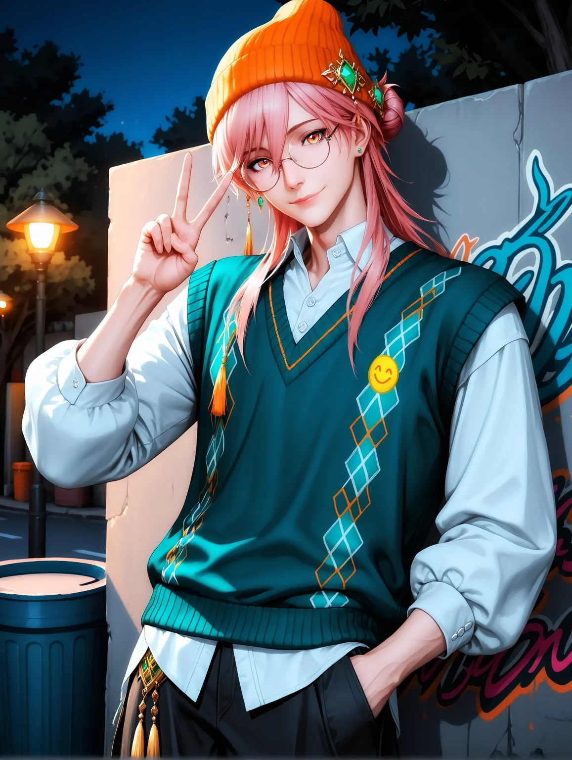 masterpiece, very aesthetic, best quality, solo, amazing quality, imtdkonghongjun, male, jewelry, 1boy, pink hair, long hair, earrings, yellow eyes, hair ornament, bangs, gem, fit body, toned, glasses, hat, shirt, v, collared shirt, long sleeves, beanie, sweater vest, smiley face, pants, black pants, wide pants, loose pants, shadow, orange headwear, sweater, closed mouth, smile, green shirt, hand in pocket, standing, single hair bun, hair bun, cowboy shot, vest, sidelocks, hair ornament, tassel, green sweater, v-neck, buttons, white shirt, light smile, head tilt, yellow headwear, argyle sweater, round eyewear, semi-rimless eyewear, lips, bishounen, arm at side, swept bangs, piercing, hair between eyes, puffy long sleeves, hand up, dress shirt, blue shirt, casual, bespectacled, street background, in the street, graffiti, garbage can, leaning on a wall, tree, night, street lamp