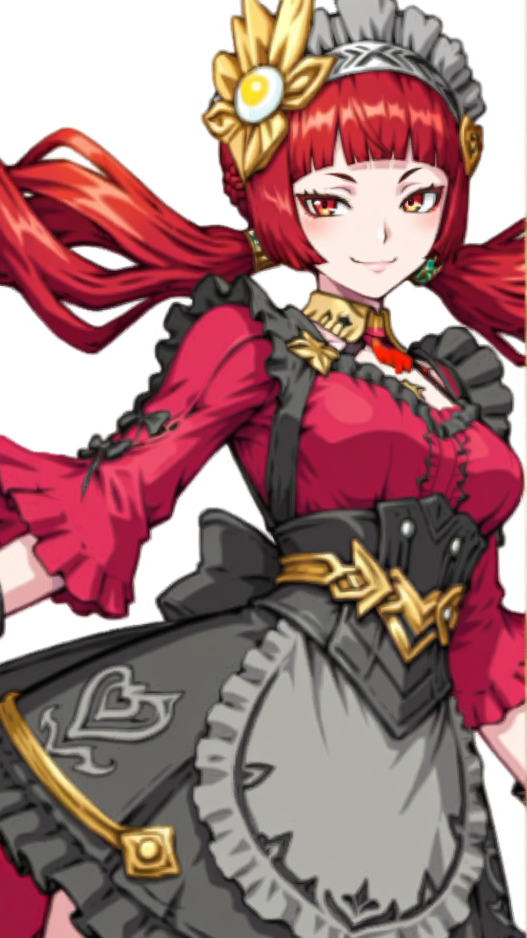 source_anime, general, best quality, masterpiece, 1girl,  <lora:Macba_ill_v1.0:1> macba\(scarlet grace\),red hair, long hair, red eyes,twintails, hair ornament, blunt bangs, maid, maid headdress, maid apron, seductive smile, (smug:0.8),  dynamic pose, dutch angle, cowboy shot,