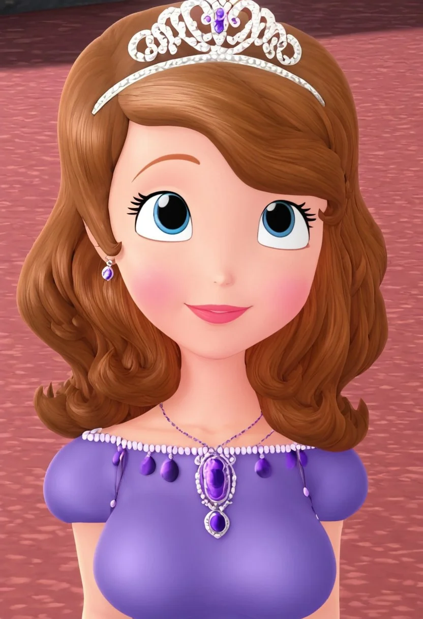 Sofia_The_First, 1girl, brown hair, blue eyes, purple dress, long dress,, tiara, necklace, mature female, large breasts, high heels, background near castle, tall
