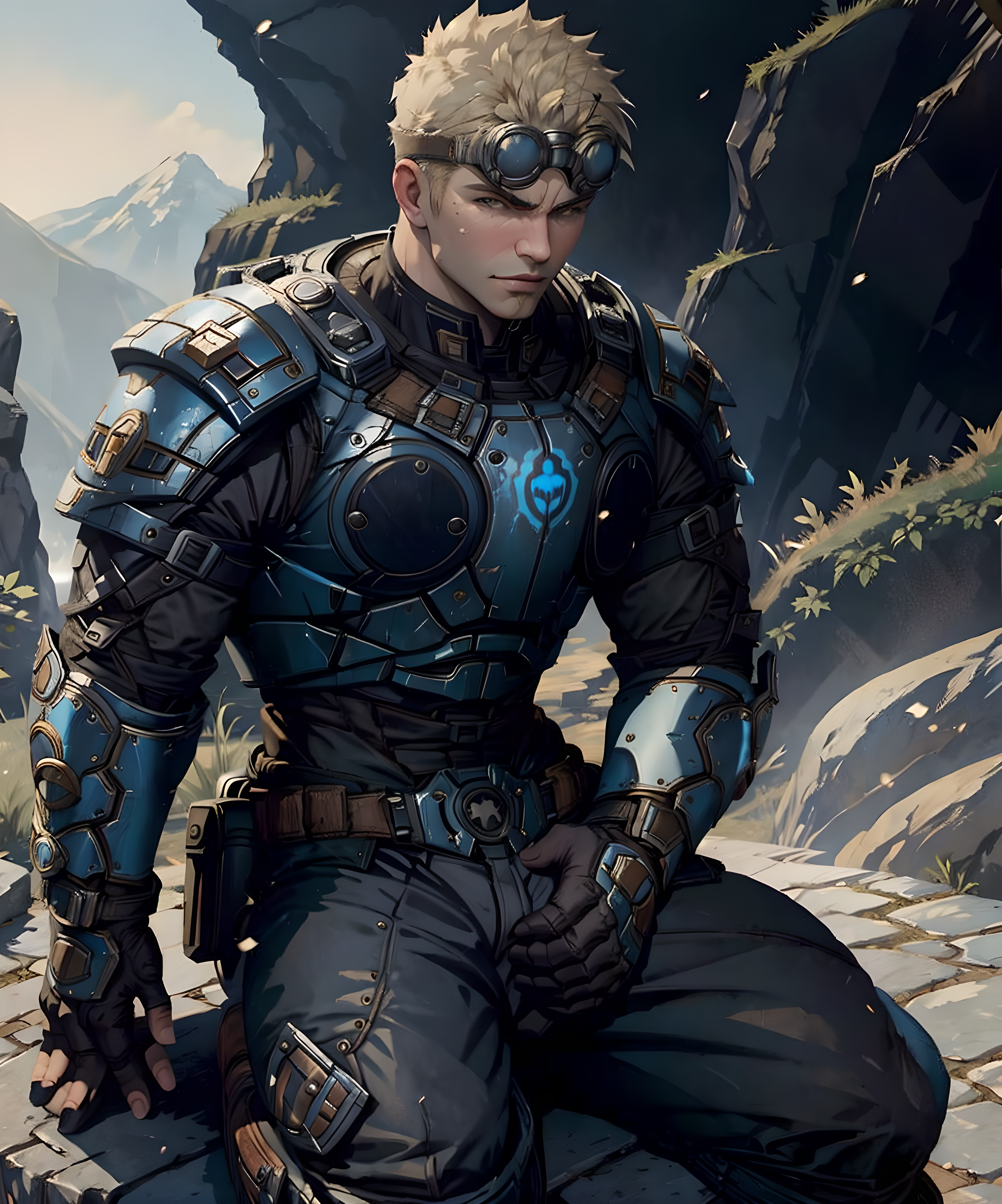 <lora:Damon_Baird:0.85> 1boy, damon_baird, armor, pants, sitting on rock, muscular, mountain, daytime, blonde hair, goggles, looking at viewers